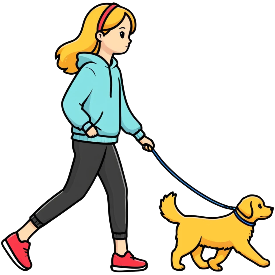 Beautiful girl walking a golden retriever dog emoji