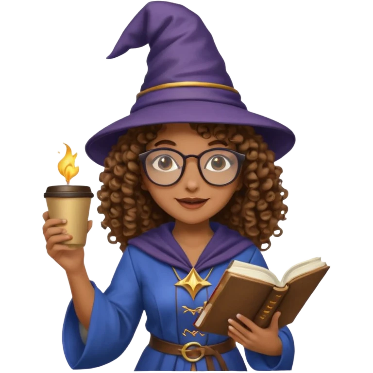 A Joyful Adult Female with Brown skin and Curly hair, wearing a Traditional outfit, a Wizard hat, Sunglasses, carrying a Spellbook, working as a farmer, while drinking Coffee and reading a Textbook. emoji