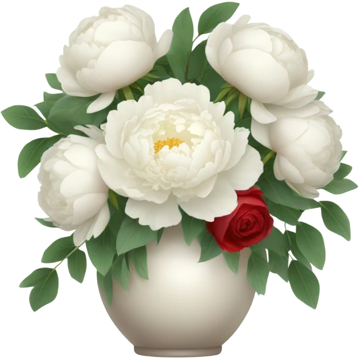 vase bouquet with white peonies, red roses and some eucalyptus emoji