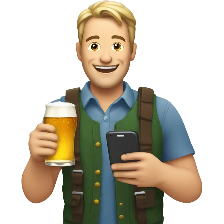 A happy white guy with a beer looking at a phone emoji