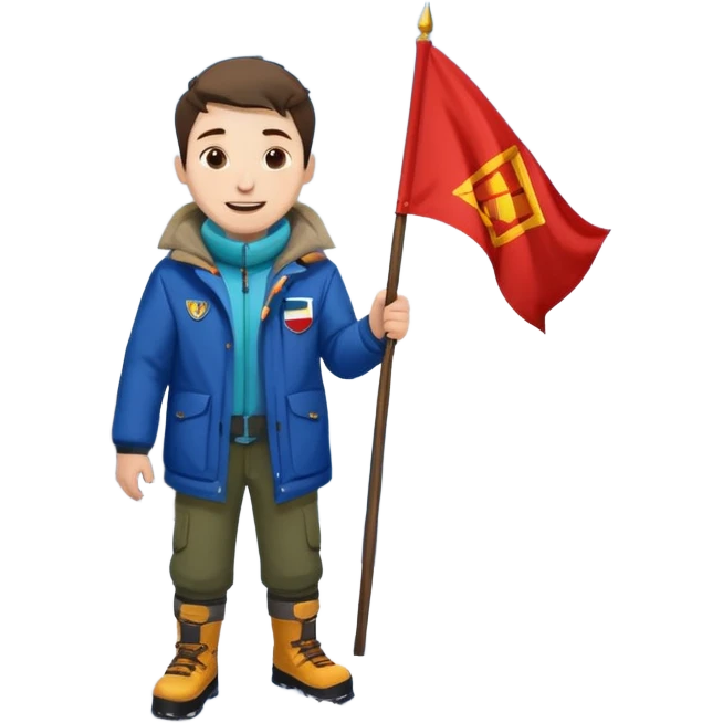 a joyful guy on a mountain summit with a flag, snow at his feet emoji
