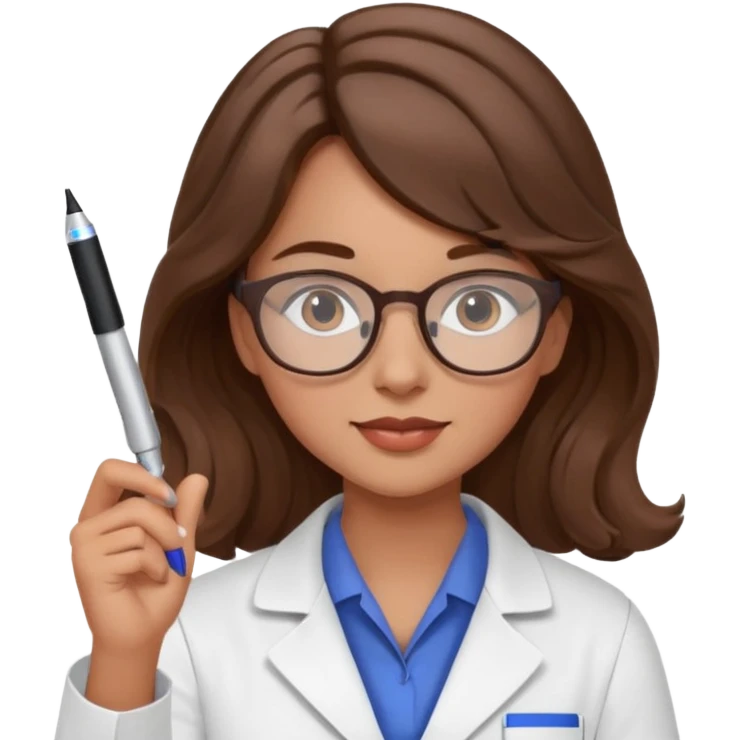 young women pharmacist studying science, wavy hair, with a pen and glasses emoji