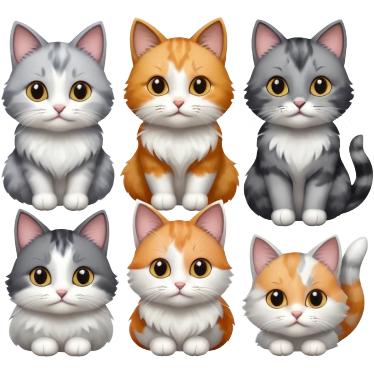 6 realistic looking cats with different natural coloured coats, assorted grey and white, greys, calico colours etc
 emoji