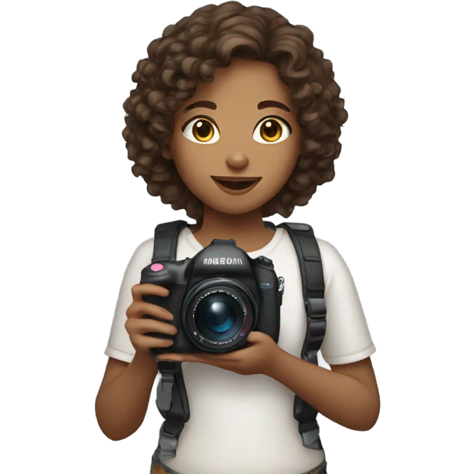 Girl with medium skin tone and brown curly hair holding a digital camera and blushing emoji