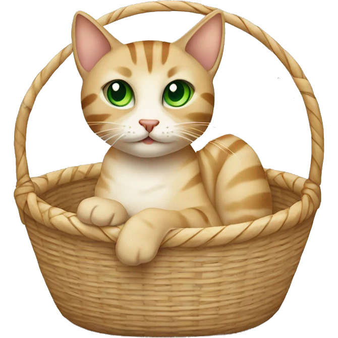 Beige tabby cat with green eyes sitting in a basket emoji