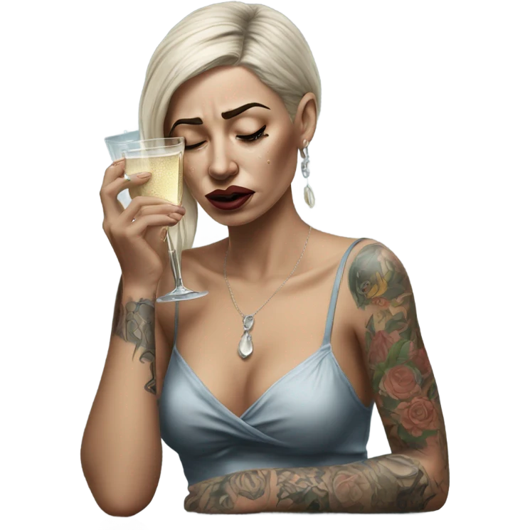 Hyper Realistic Beautiful tattooed woman crying sadly holding champagne  emoji