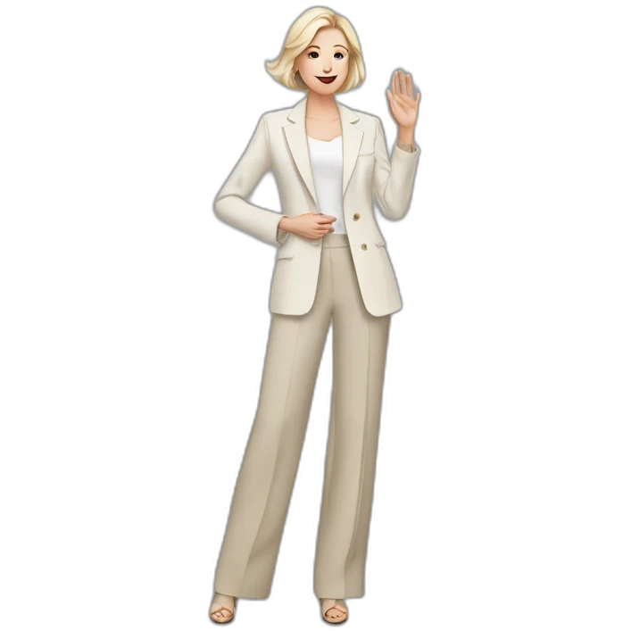 Full height Actively gesturing with hands pale skin woman with ash blonde Straightened bob Hair, White Spacious classical jacket, beige palazzo Arrow pants and gray blouse emoji