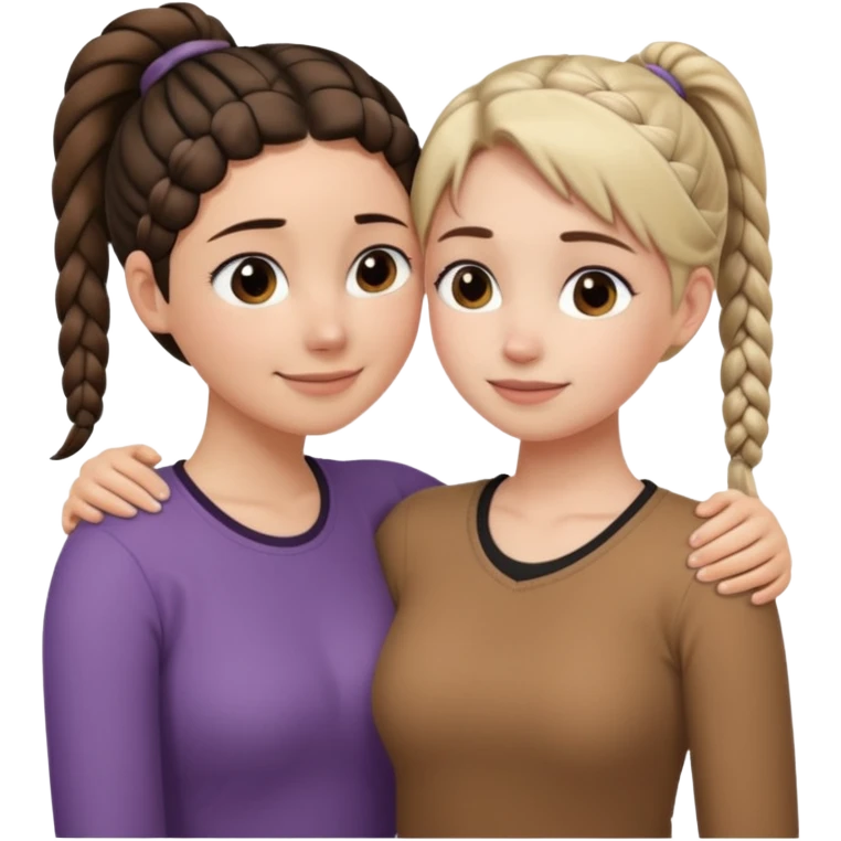 Comforting Hug two white skin women, one shorter woman with brown simple top ponytail, not braided, and one taller sad woman with a single long black side braid emoji