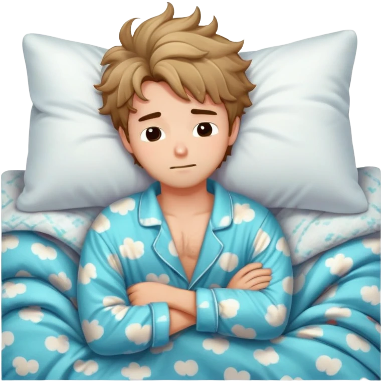 Adorable sleepy boyfriend with messy bed hair, pajama shirt slightly open, cuddling a pillow, cozy blanket, soft lighting emoji