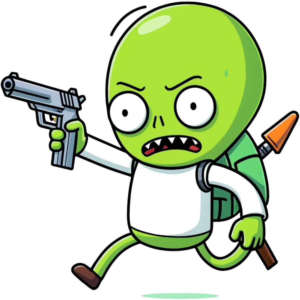 Pickle Rick with Sci-fi futuristic gun defeat an alien emoji