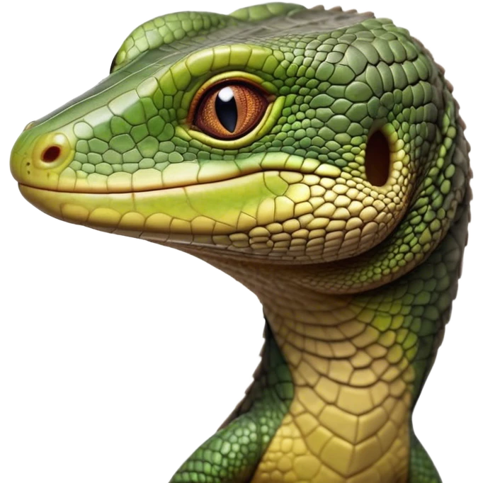 Cinematic Realistic Cute Monitor Lizard Portrait Emoji, Head tilted playfully and inquisitively, featuring a compact, agile body with finely detailed, glossy scales in earthy olive hues and a distinct, alert face with bright, curious eyes, rendered with lifelike natural highlights, high shine, affectionate and spirited, styled with a touch of rugged whimsy, soft glowing outline, capturing the essence of a mischievous yet lovable monitor lizard that seems poised to scurry playfully into your arms! emoji