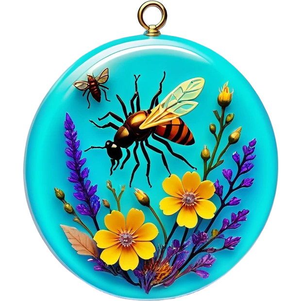 Epoxy resin art icon, jewelry and decorative items made with fluorescent epoxy resin, glowing effect on the resin, finished resin jewelry with dried flowers and insects embedded inside, visible tubes of resin with bright colors, mixing tools, and molds, minimalistic style, clean lines, transparent background emoji