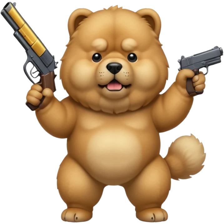 Funny cartoon-style chow chow dog with light fur standing on its hind legs and holding a gun menacingly emoji