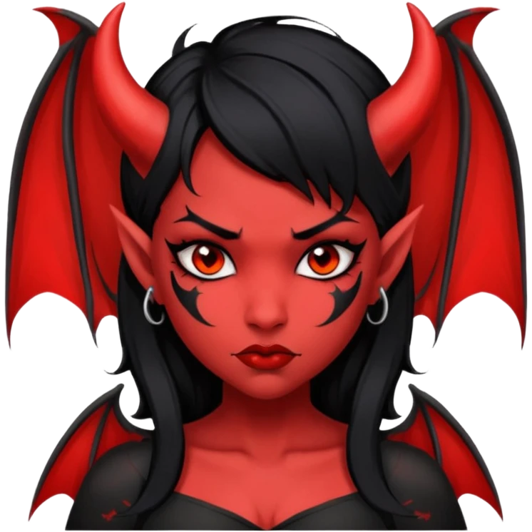Demon girl: red skin, black hair, small horns, bat wing; tattoo-flash comic style; red/black palette; bold outlines; dark background; no text. emoji