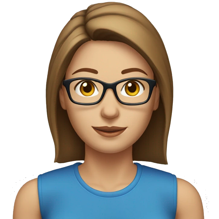 A head and shoulders shot of a 40 year old Caucasian woman, with straight brown hair,  wearing glasses with blue eyes wearing a t-shirt. emoji