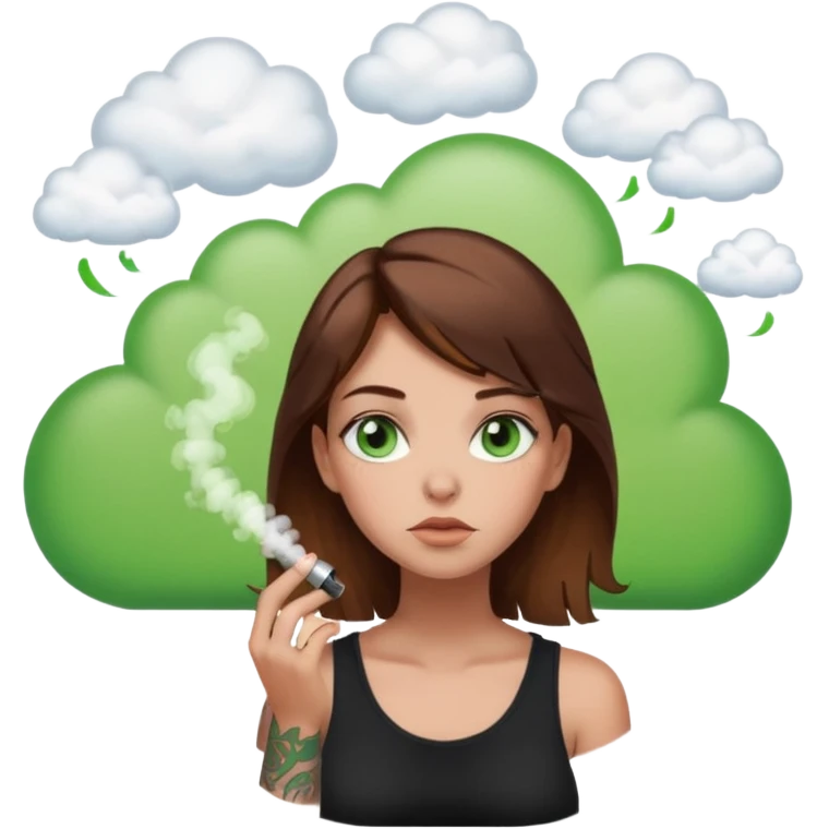 girl with brown hair and green eyes and tattoos thinking about a vape in a thought cloud emoji