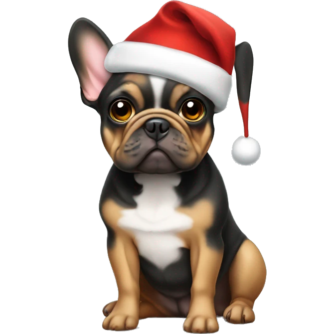 Black and tan frenchie wearing Santa hat and sitting emoji