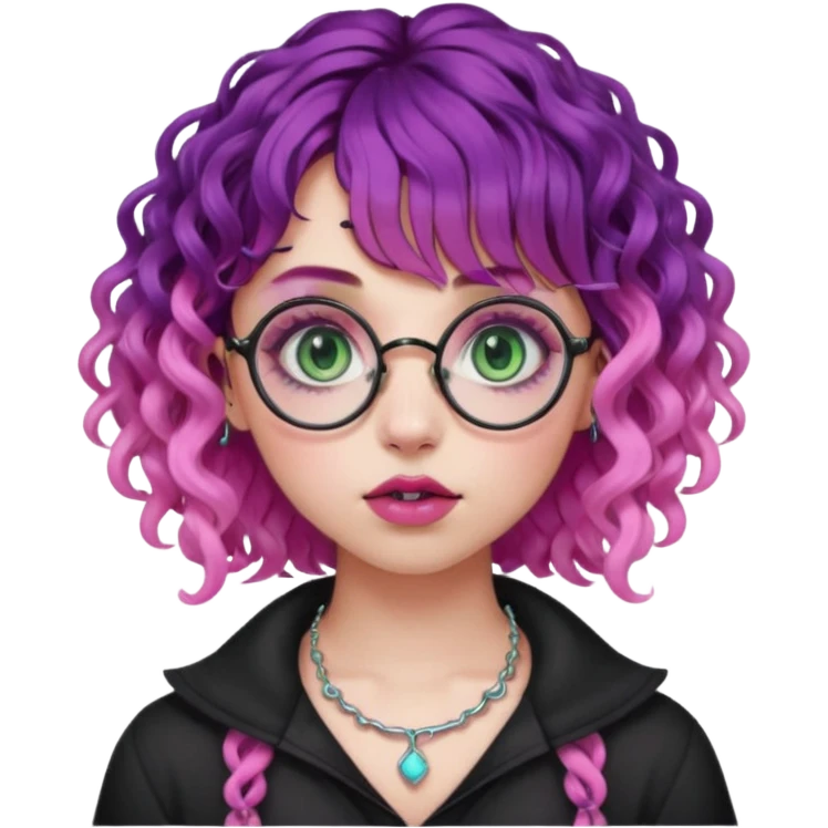 . Gothic girl with pink to violet ombré ringlet curly hair, bangs round glasses, septum piercing, nostril piercing, almond eyes, blueish green eyes,heavy eyeliner,  emoji