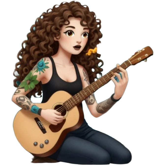 woman with long curly brown hair, brown eyes, white skin, tattoos, blowing glowing forest spores like stage smoke after a guitar solo emoji