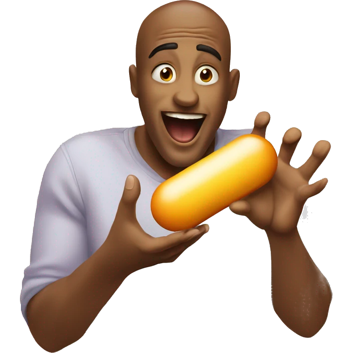A super excited man looking at a giant pill that he is holding with two hands.he is super excited to eat the pill emoji