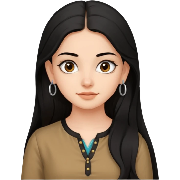 a pretty bratz fair girl with long black hair, kajal under eyes, small silver hoop. brown kurti on emoji