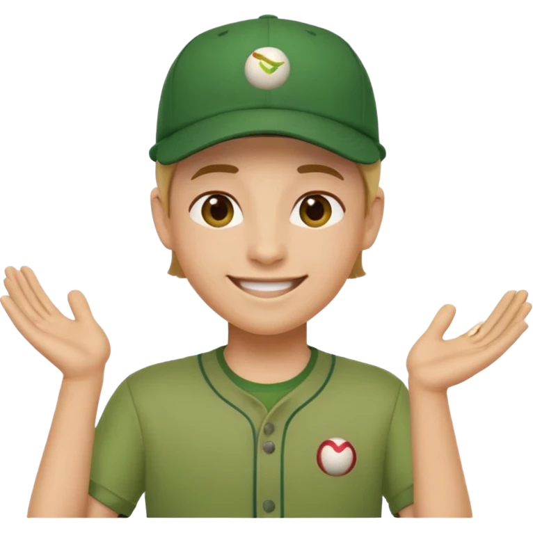 gender neutral person, chest up, green shirt, baseball hat, friendly expression, emoji style emoji