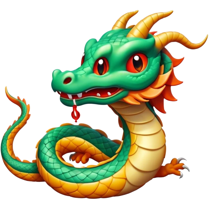 Cinematic Comical Chinese Serpent Dragon Portrait Emoji, Head tilted dramatically with an exaggeratedly amused expression, featuring a sleek, serpentine form adorned in luminous jade and vermilion scales interlaced with playful cloud and water accents; rendered with vibrant, lifelike textures and dynamic natural shadows, high shine, playful yet wise, styled with an air of cheeky ancient mystique, soft glowing outline, capturing the essence of a spirited and humorously enigmatic celestial dragon that looks ready to spiral into legendary lore! emoji