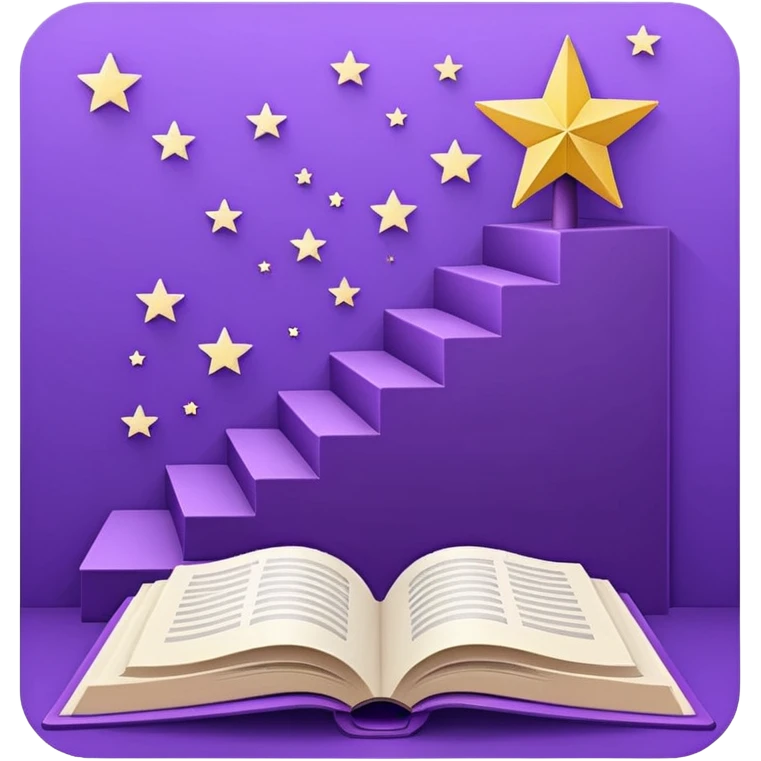 Minimal purple icon: an open book turning into a rising staircase with a star on top. Flat design. emoji