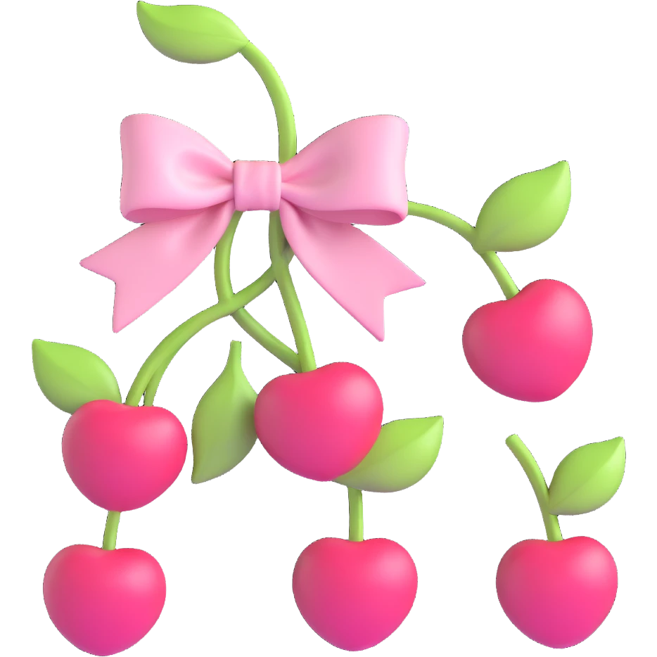 Change the cherries and bow to a soft pastel pink color, keeping the 3D iOS style. The cherries and bow should look gentle and pastel, not red. emoji