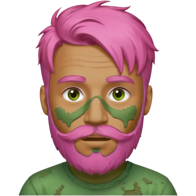 pink haired man with full full face dirty messy green clay mask and beard emoji