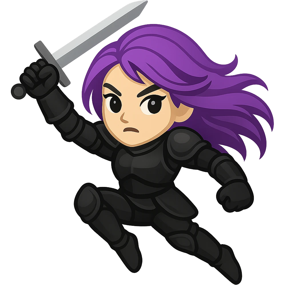 Create an emoji style image of a mysterious warrior girl with flowing purple hair and black armor in a dynamic action pose, such as jumping or swinging a sword. Keep the style and colors consistent with the reference image. No background. emoji