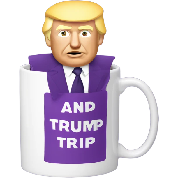 A purple coffee mug, with words and a drawing and white of Donald Trump emoji