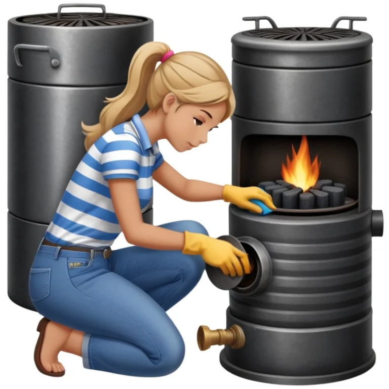 Metal cylindrical coal stove with a girl cleaning it while kneeling, seen from behind, wearing jeans and a striped shirt emoji