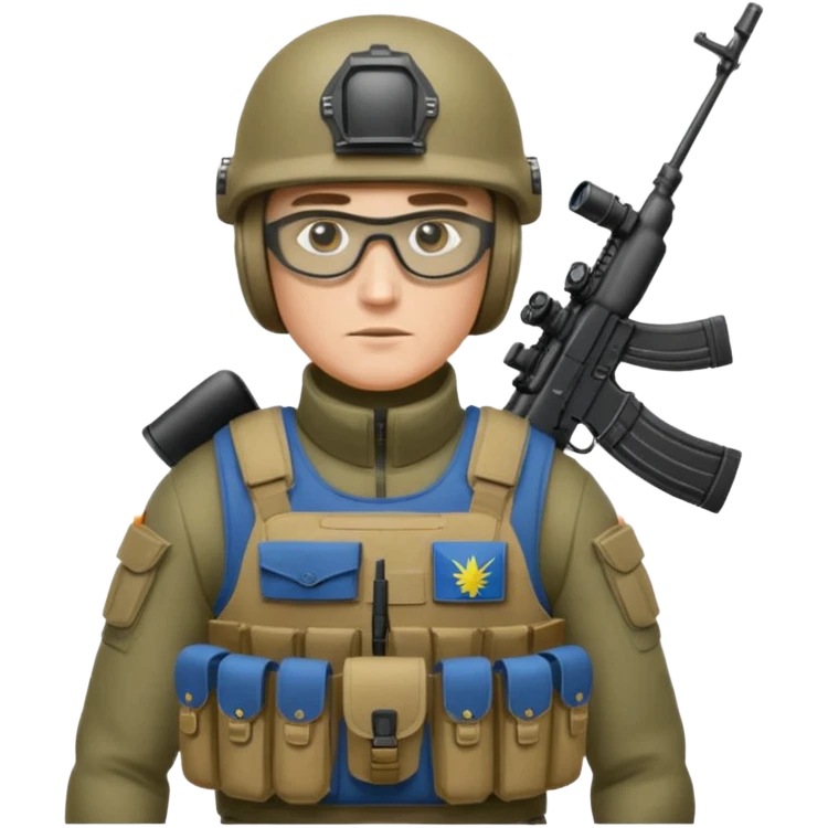 Ukrainian intelligance agency warrior man in platecarrier with nato riffle in helmet and ballistic glasses emoji