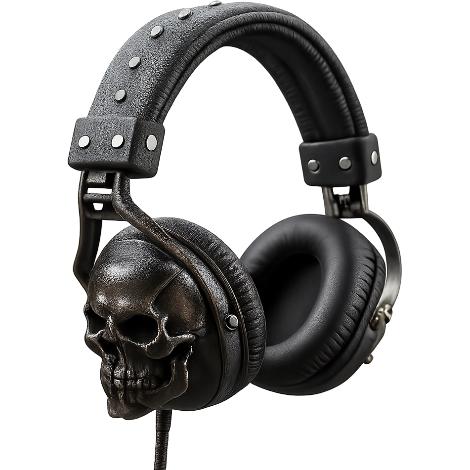 Remove the background, keep only the realistic black gothic headphones with sculpted skulls, leather texture, and silver studs, photorealistic style, with no background. emoji