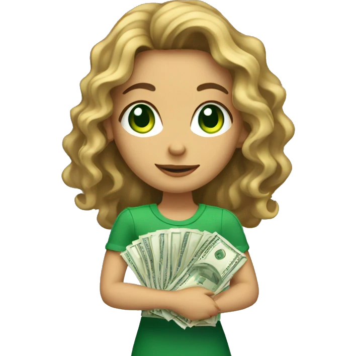 a fair toned girl with wavy hair and green eyes holding a stack of money  emoji