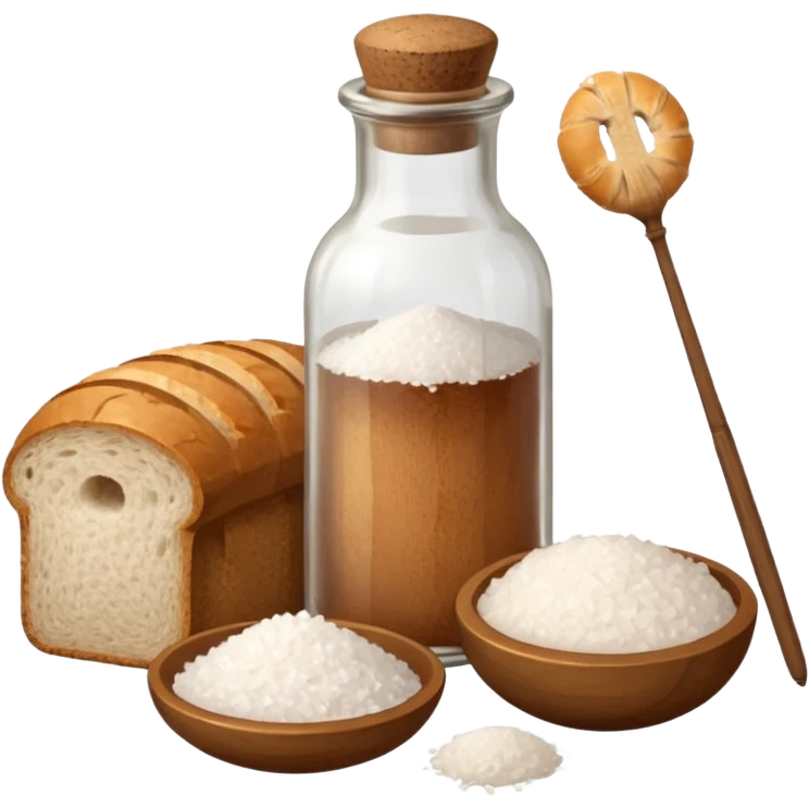 a one victorian bottle of salt and a loaf of bread - crochet needles and a ball of wool emoji