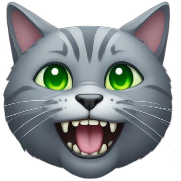 complete gray cat with big fangs and green eyes emoji