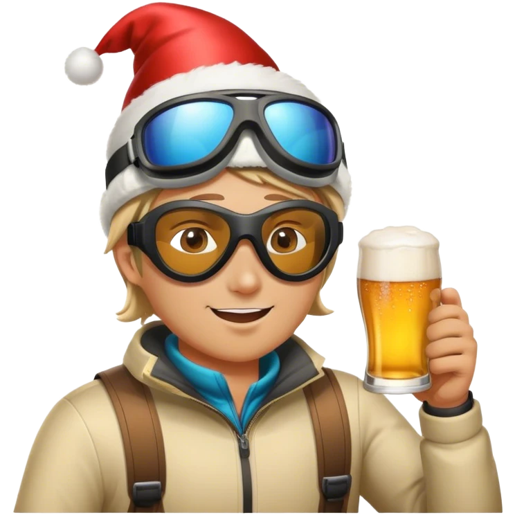 After-ski, a skier, wearing modern skiing goggles, drinking beer. Party emoji
