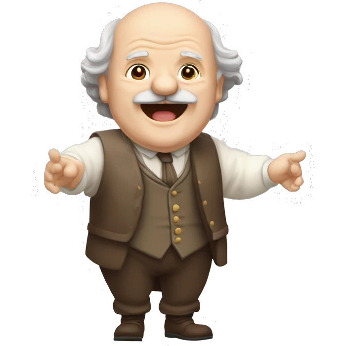 Short pudgy old man over enthusiastic happy excited face bald forehead long wavy gray and brown brunette long wavy hair moustache Shakespearean dress vintage clothes hamlet small arms emoji