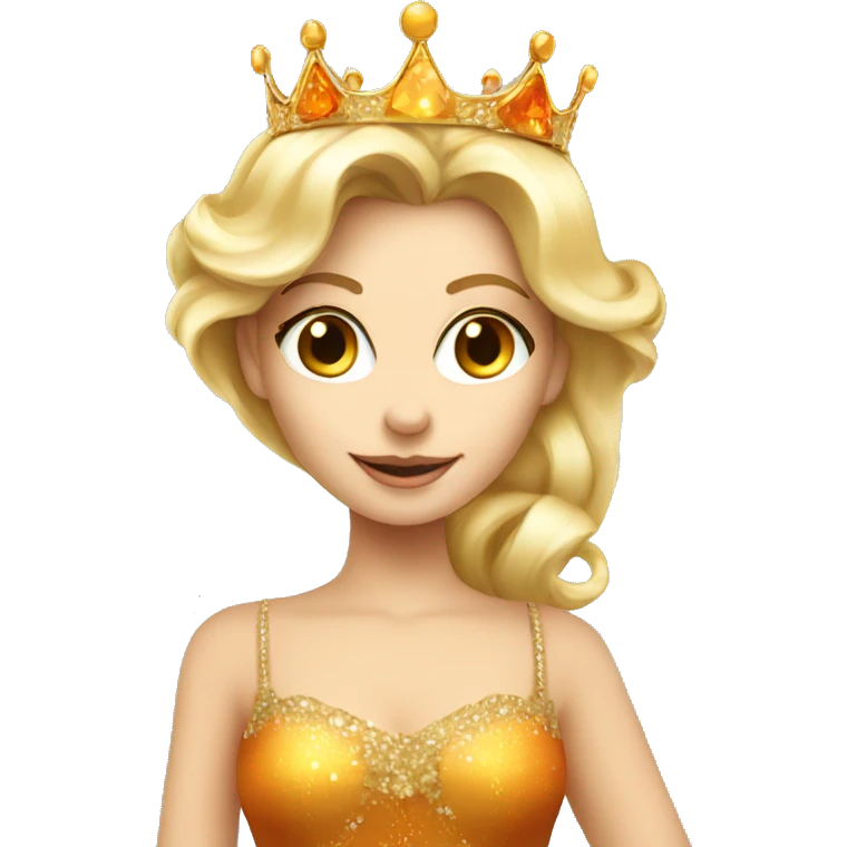 beautiful blond princess with crown in a golden dress drinking aperol emoji