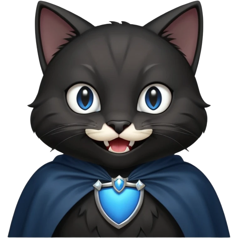 an all black anthropomorphic cat with blue eyes wears an all black cape and is smiling a mischievous sharp tooth grin emoji