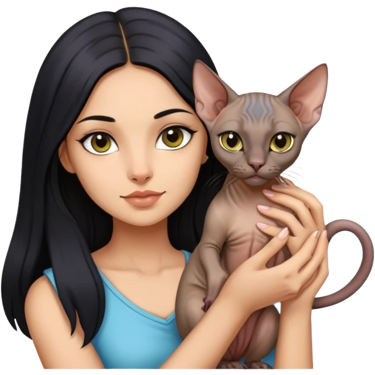 beautiful girl with long black hair holding a hairless sphinx cat emoji
