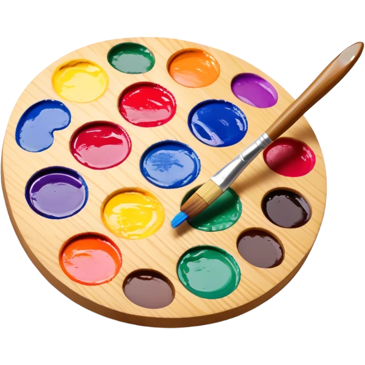 Cinematic Realistic image of a vibrant paint palette and brush, featuring a wooden palette smeared with an array of richly blended colors and a finely detailed brush with soft, delicate bristles, set against a softly textured background that evokes artistic inspiration emoji