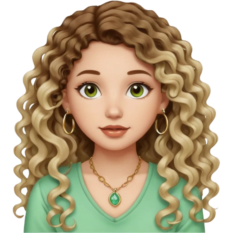 cute girl with not volominous VERY LONG curly/wavy balayage hair brown eyes full lips cute makeup cute necklace and hoop earrings white girl with light green top emoji