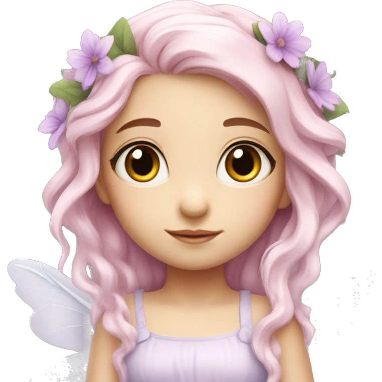 Beautiful, flower fairy, white long, light pink hair, big wings, fair skin, light violet eyes  emoji