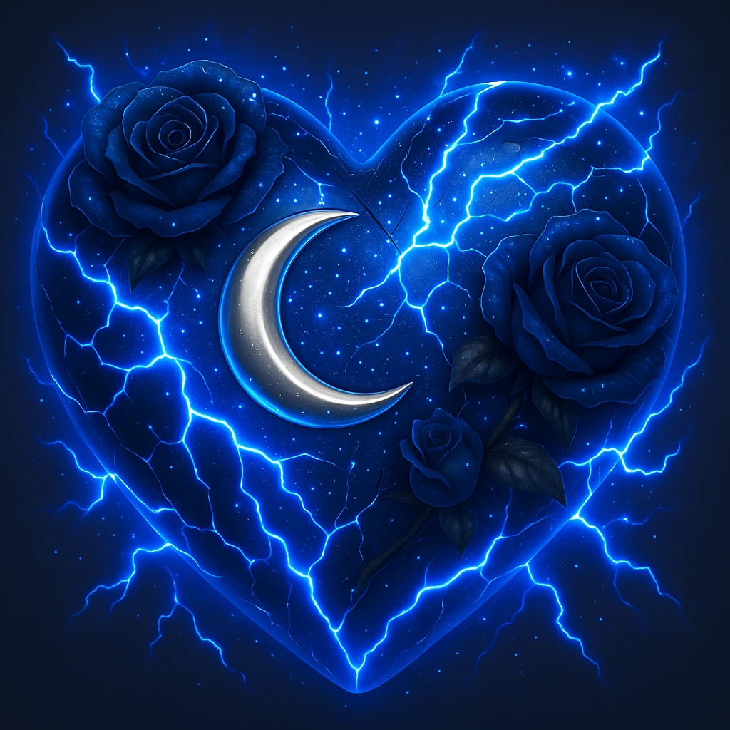 Add more neon blue lightning effects to the gothic heart made of deep blue glass, with silver crescent moon, blue-black roses, iridescent stardust, wet and splintered glass, in the style of 3D emoji style. emoji