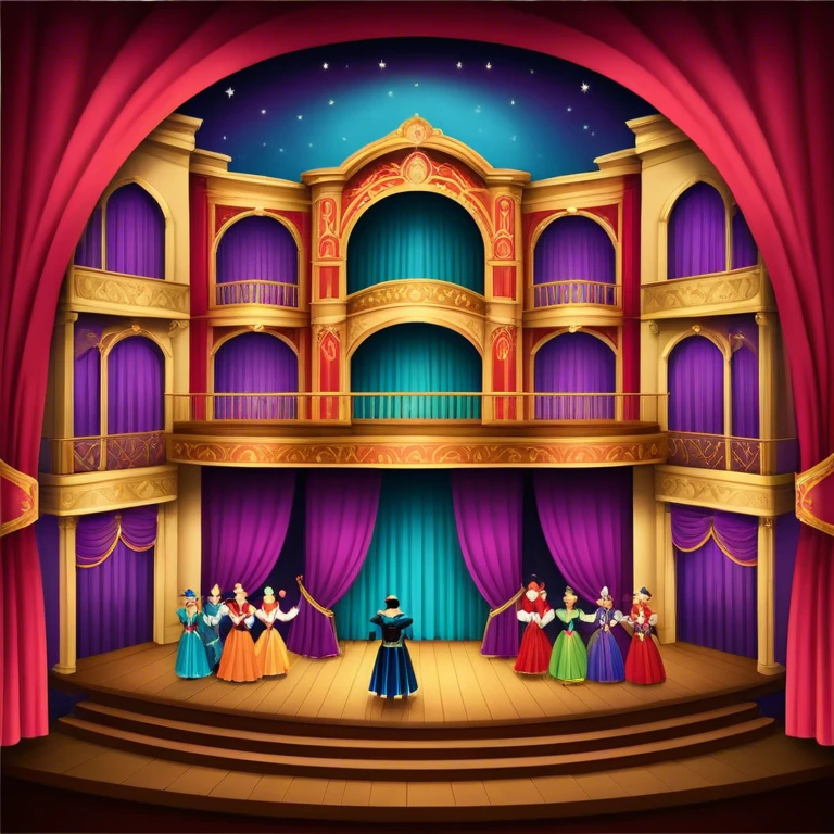 An icon showing a grand theater stage with actors performing in a vibrant play, surrounded by dramatic lighting. The audience watches from colorful balconies, adding to the lively atmosphere. The design captures the magic of live theater, set against a transparent background. emoji