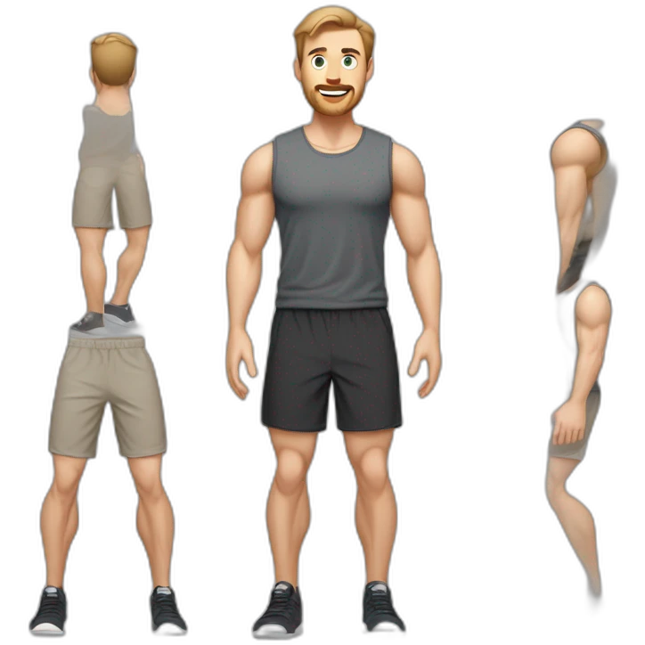 Full height Pale skinned muscular man With Realistic eyes and mouth, light brown hair and stubble In dark gray sleeveless mike, black oversize sports shorts, watch and white sneakers. emoji