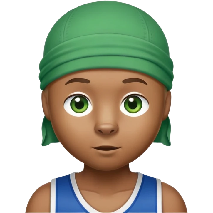 Brown bear with friendly expression and green eyes, white durag on head, blue basketball jersey visible up to shoulders, showing upper body, iOS emoji style emoji